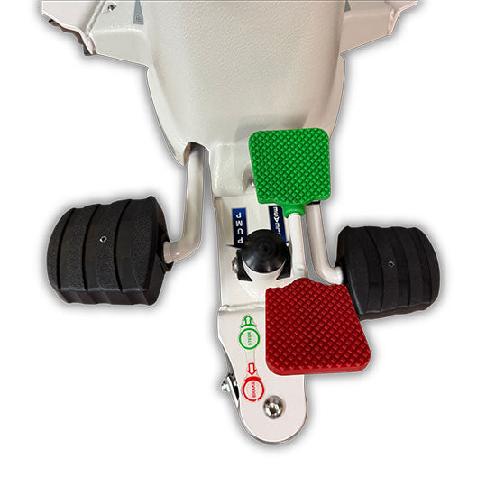 Close-up of foot-controlled hydraulic pedals on Stryker Surgistool showing height and lock controls